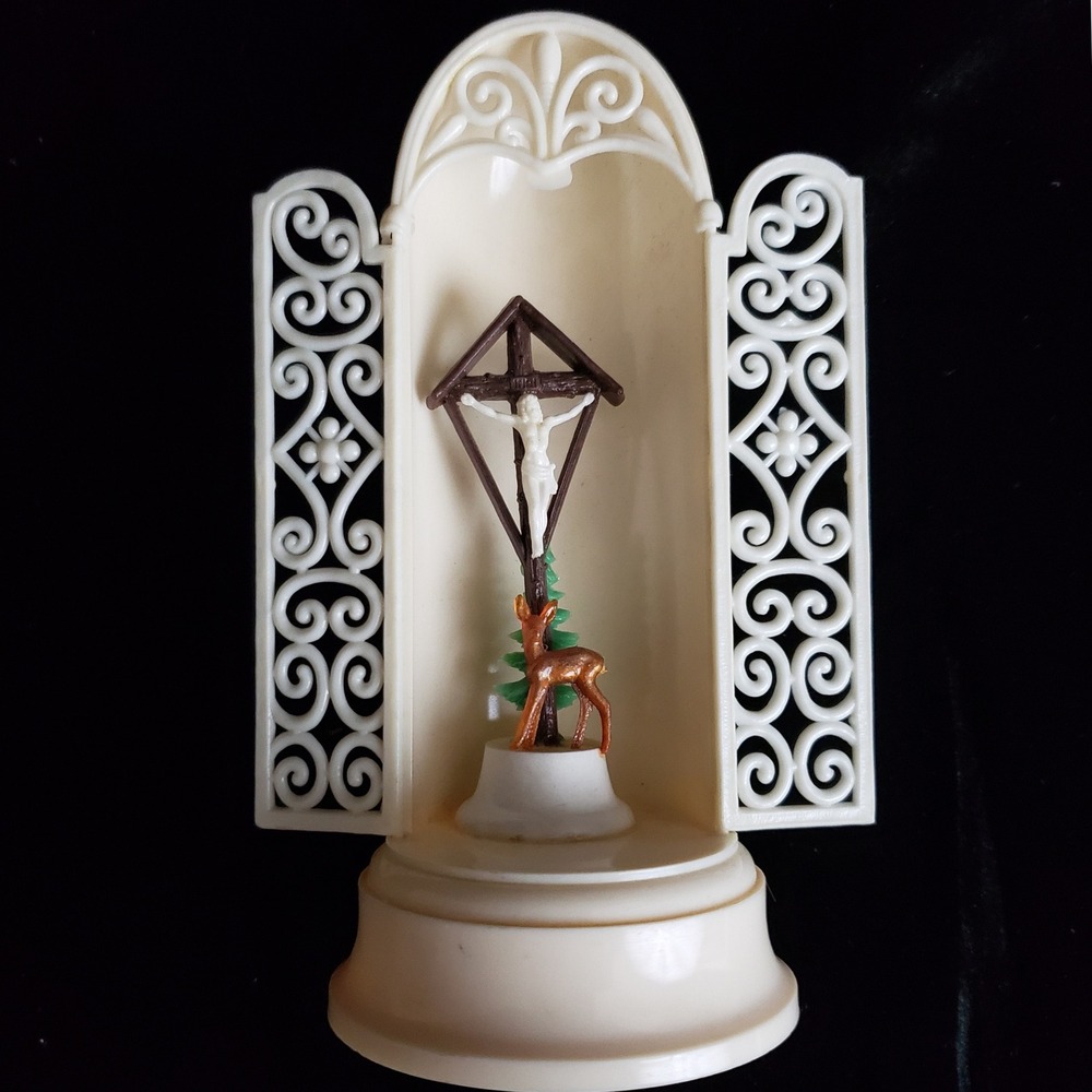 VTG West Germany Religious Diorama Triptych Jesus Crucifix Deer Christmas Tree - Picture 7 of 11